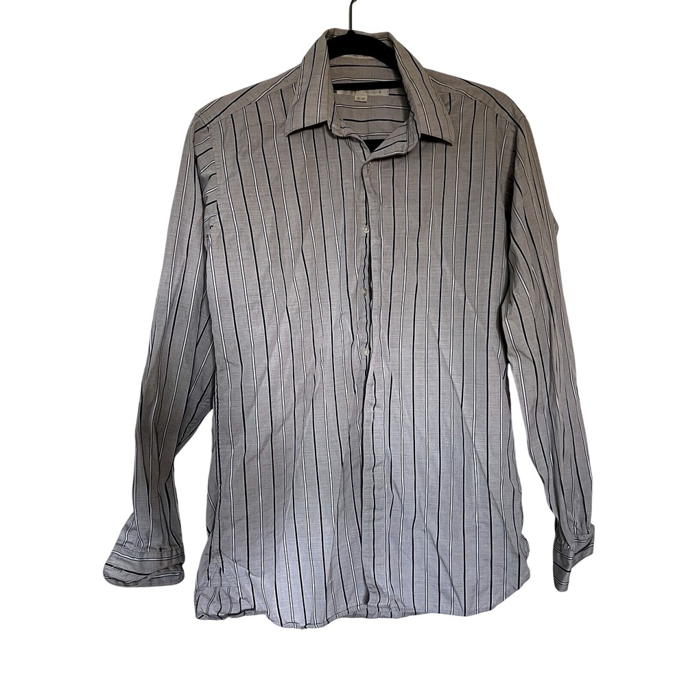 Perry Ellis Button Down Shirt blue grey stripe long‎ sleeve size 15 - 34 mens